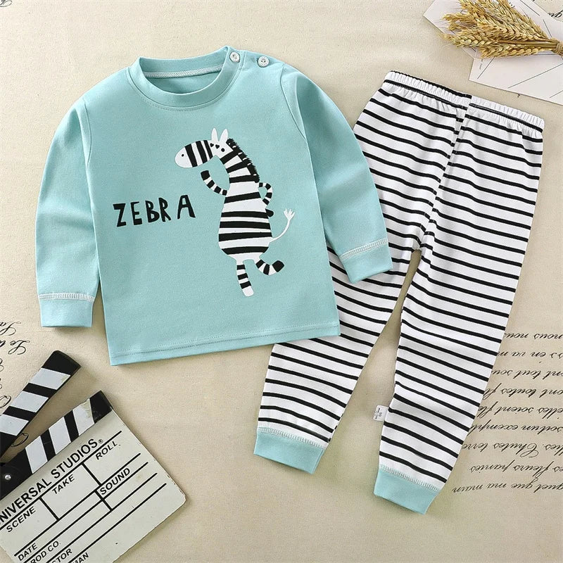 Cartoon Print Cotton Pajama Set For Kids Unisex Sleepwear
