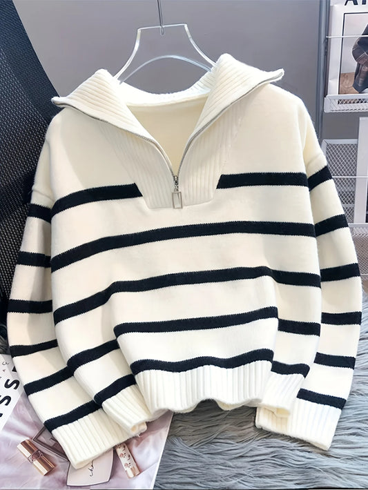 Autumn Winter Women Thick Zipper Striped Knit Pullover Top