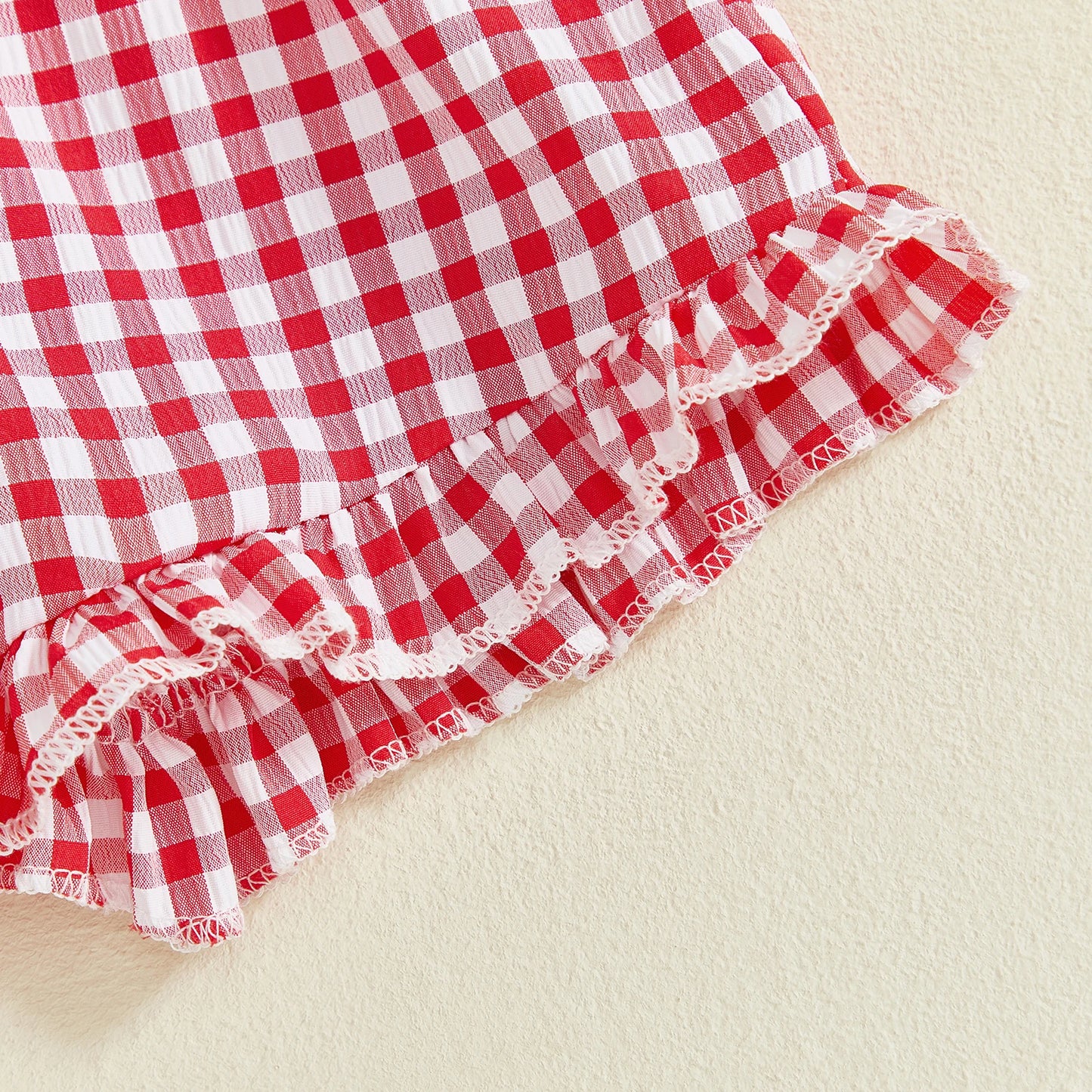 Summer Strawberry Embroidered Plaid Bow Trim Toddler Girl Outfit Set