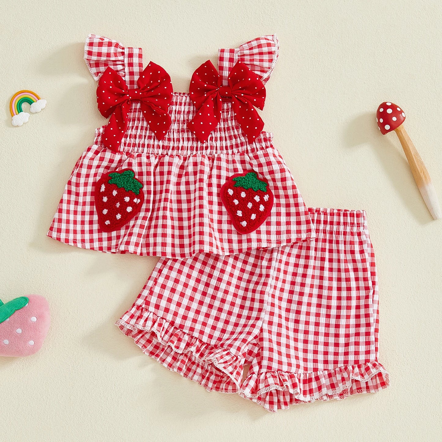 Summer Strawberry Embroidered Plaid Bow Trim Toddler Girl Outfit Set