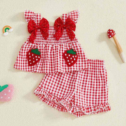 Summer Strawberry Embroidered Plaid Bow Trim Toddler Girl Outfit Set