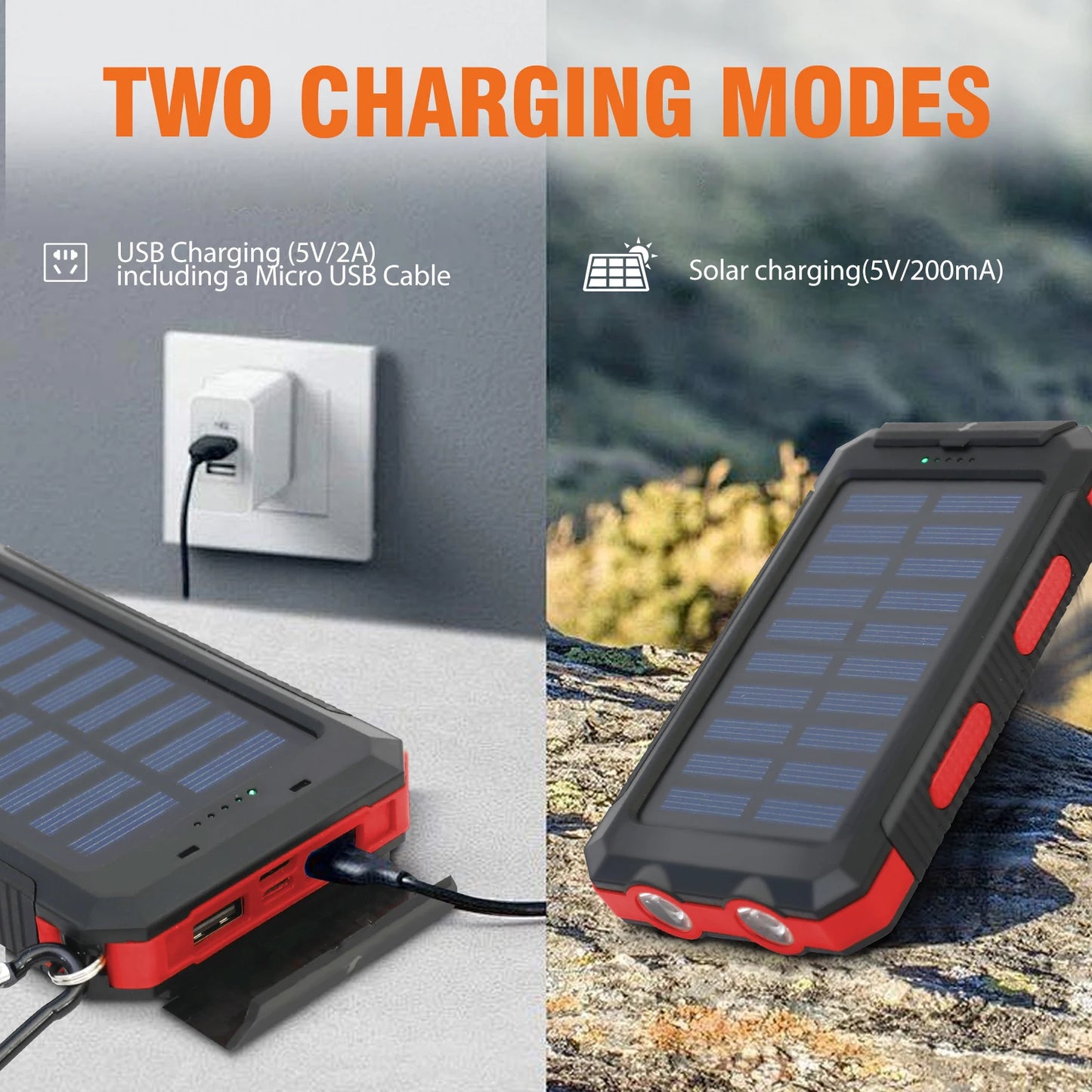 20000mAh Solar Charger Waterproof Portable Power Bank With Dual USB Ports LED Light For Outdoor Camping