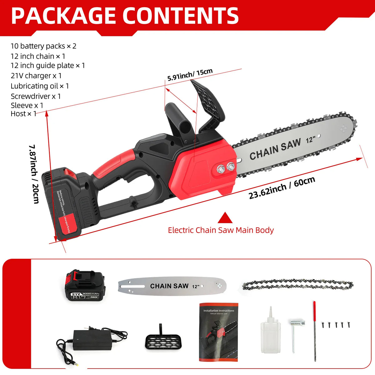 12" Brushless Chainsaw 950W 21V Handheld Chain Saw Two Rechargeable 3.0Ah Battery and Charger for Tree Felling Pruning Tools