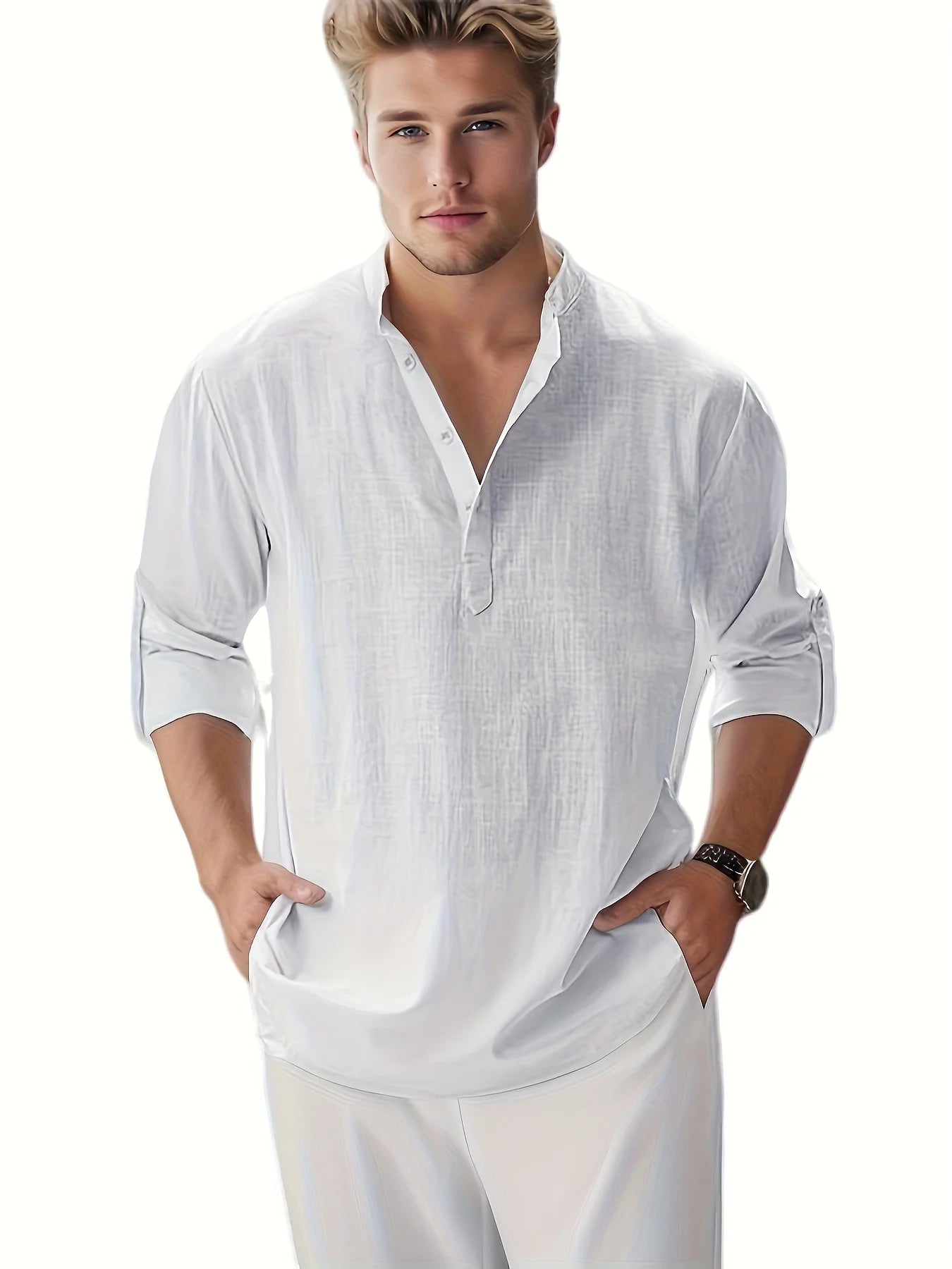 Men's Stand Collar Cotton Long Sleeve Shirt Loose Fit