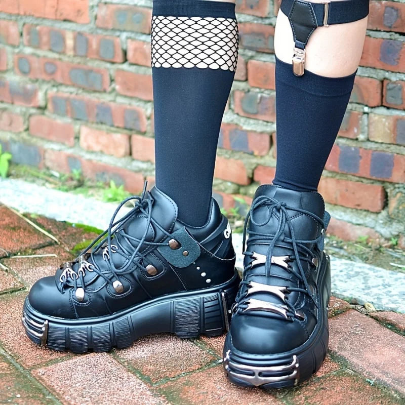 Women Thick Platform Sneakers With Metal Decoration Lace Up Punk