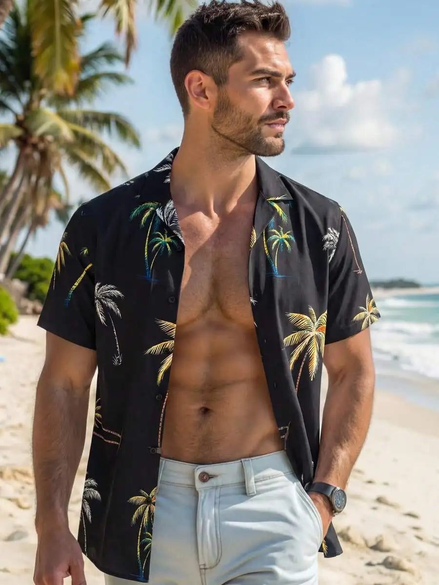 Men's Woven Casual Shirt With Leaf Pattern For Summer