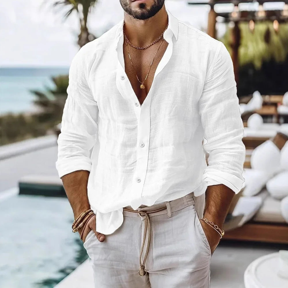 Cotton Linen Shirt for Men Single Breasted Breathable Lightweight