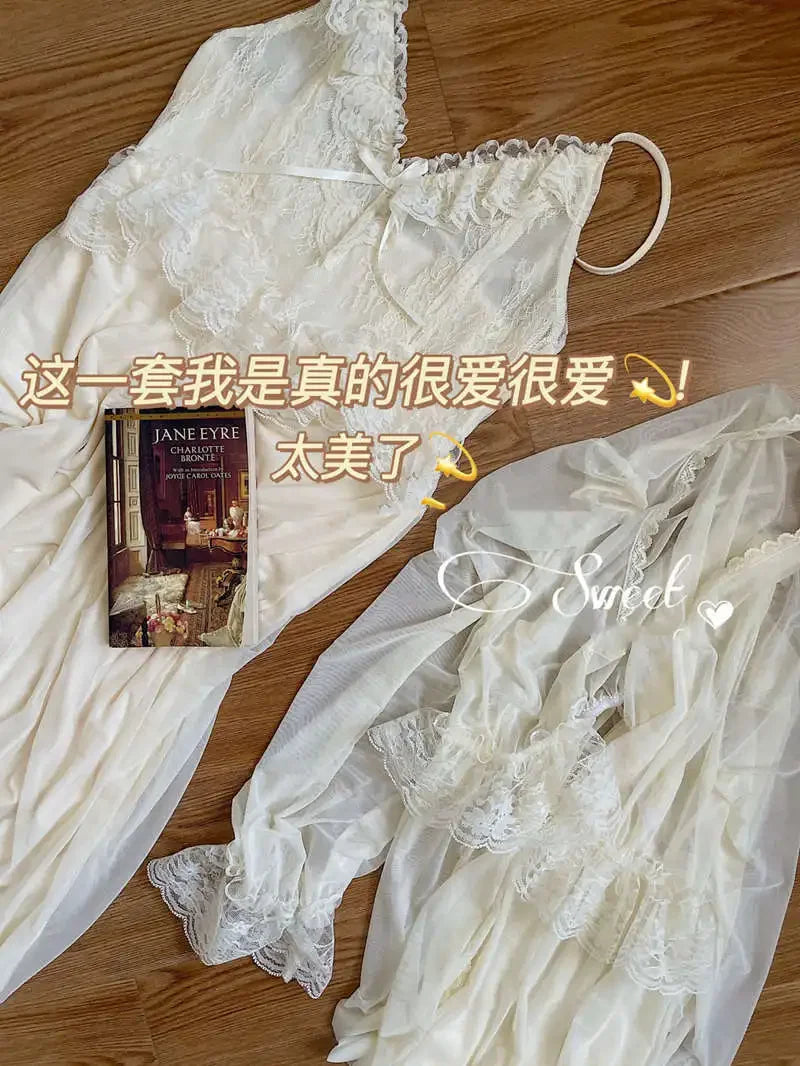 Vintage Princess Style Tulle Mesh Women's Nightgown With Ruffles