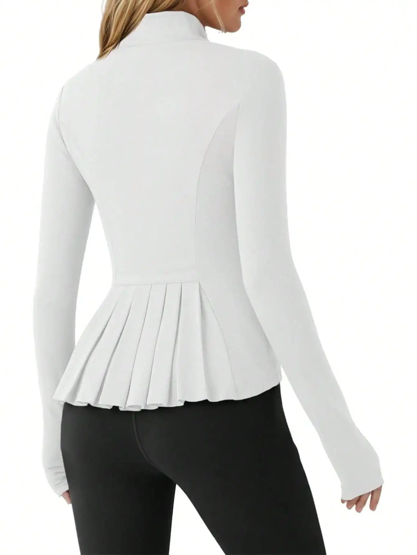 Pleated Athletic Jacket For Women Zip Up With Stand Collar