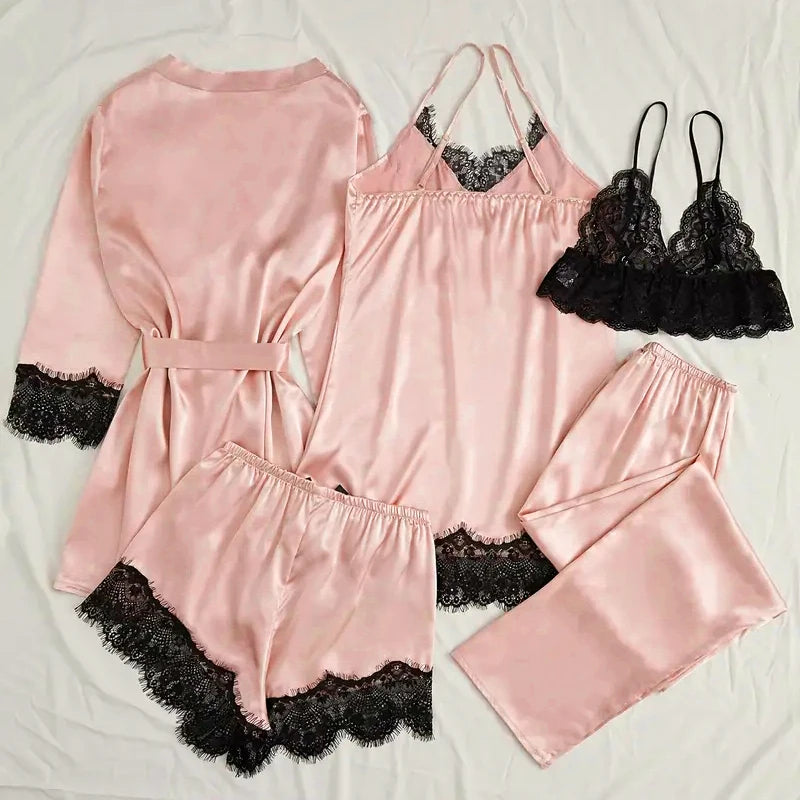 Women Satin Sleepwear Pajama Set With Lace Bath Robe