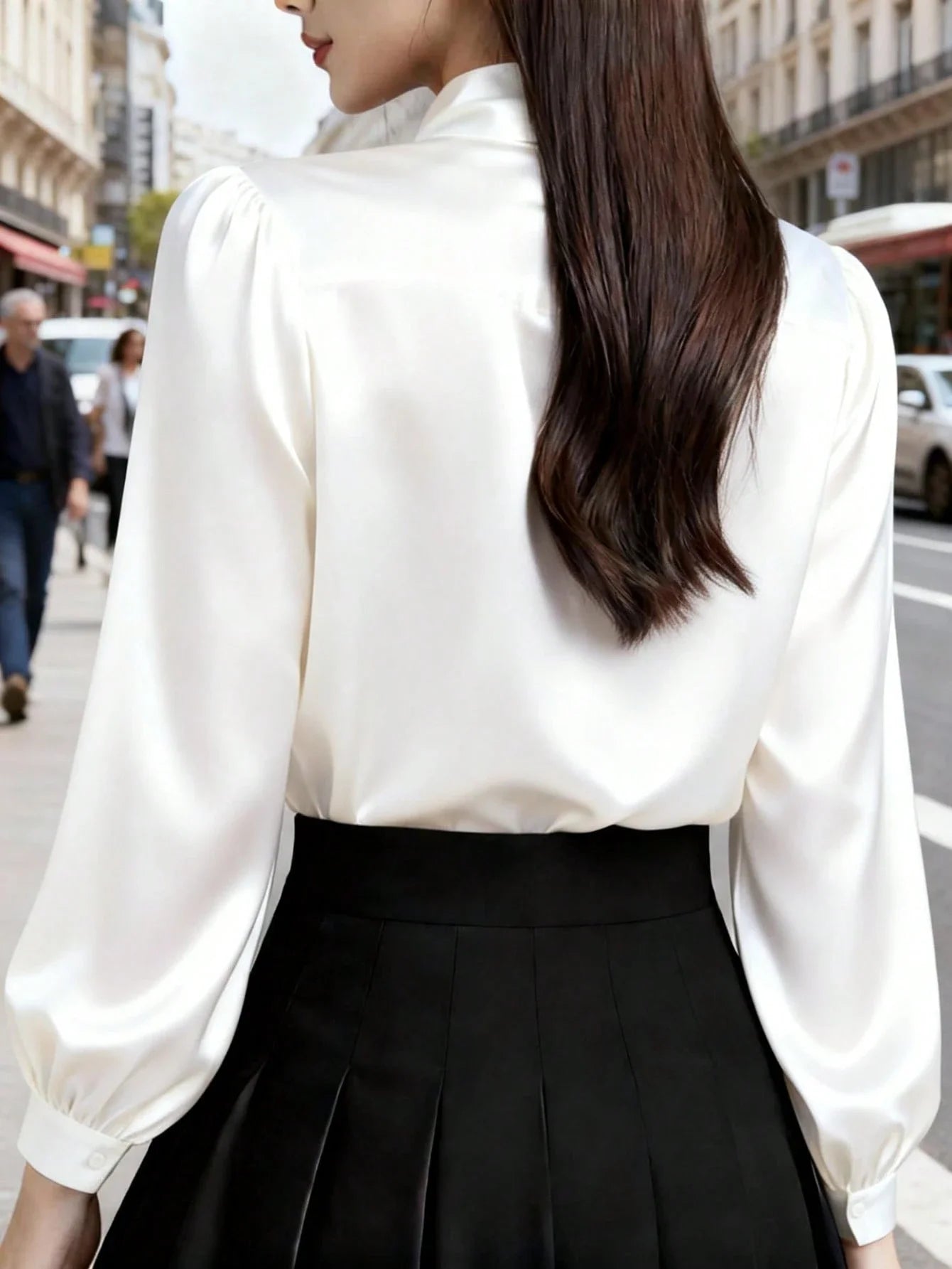Satin Bow Collar Long Sleeve Blouse For Office Casual