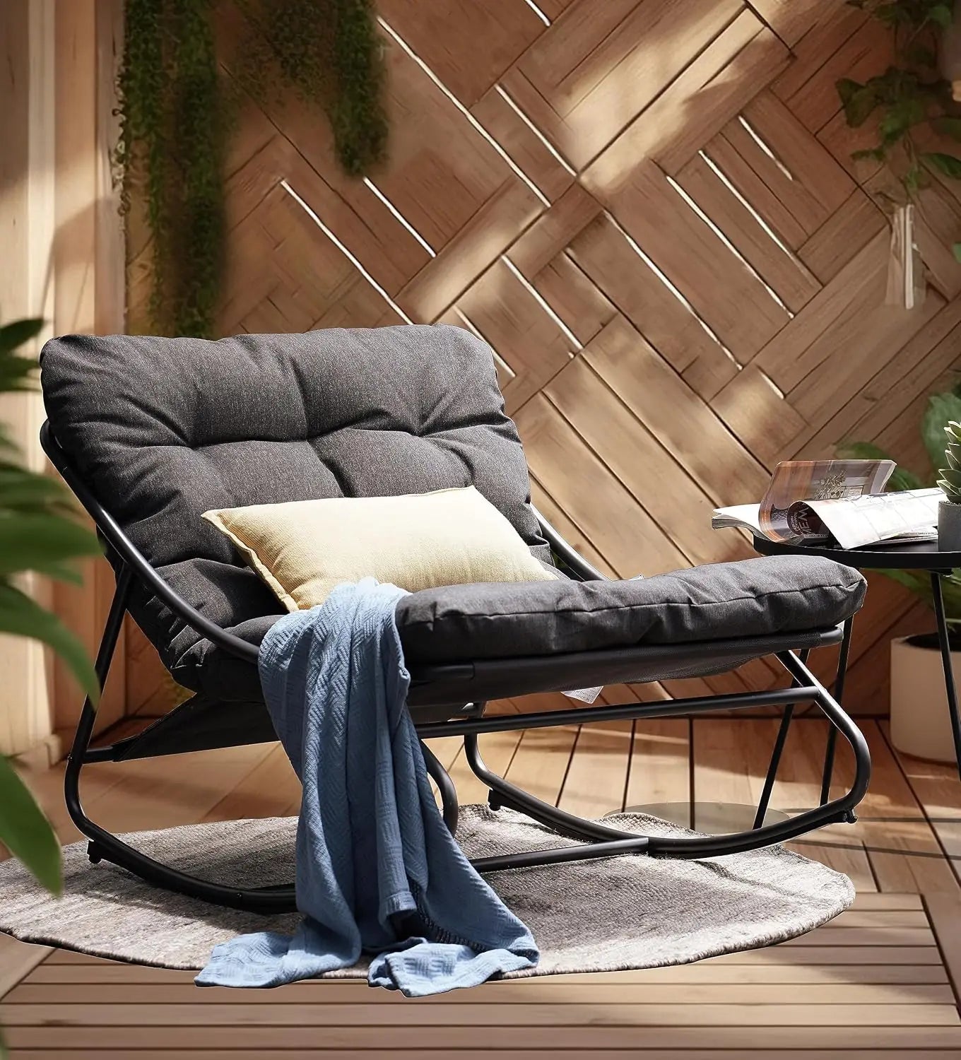 Metal Rocker Chair With Thick Cushion For Indoor Outdoor Patio
