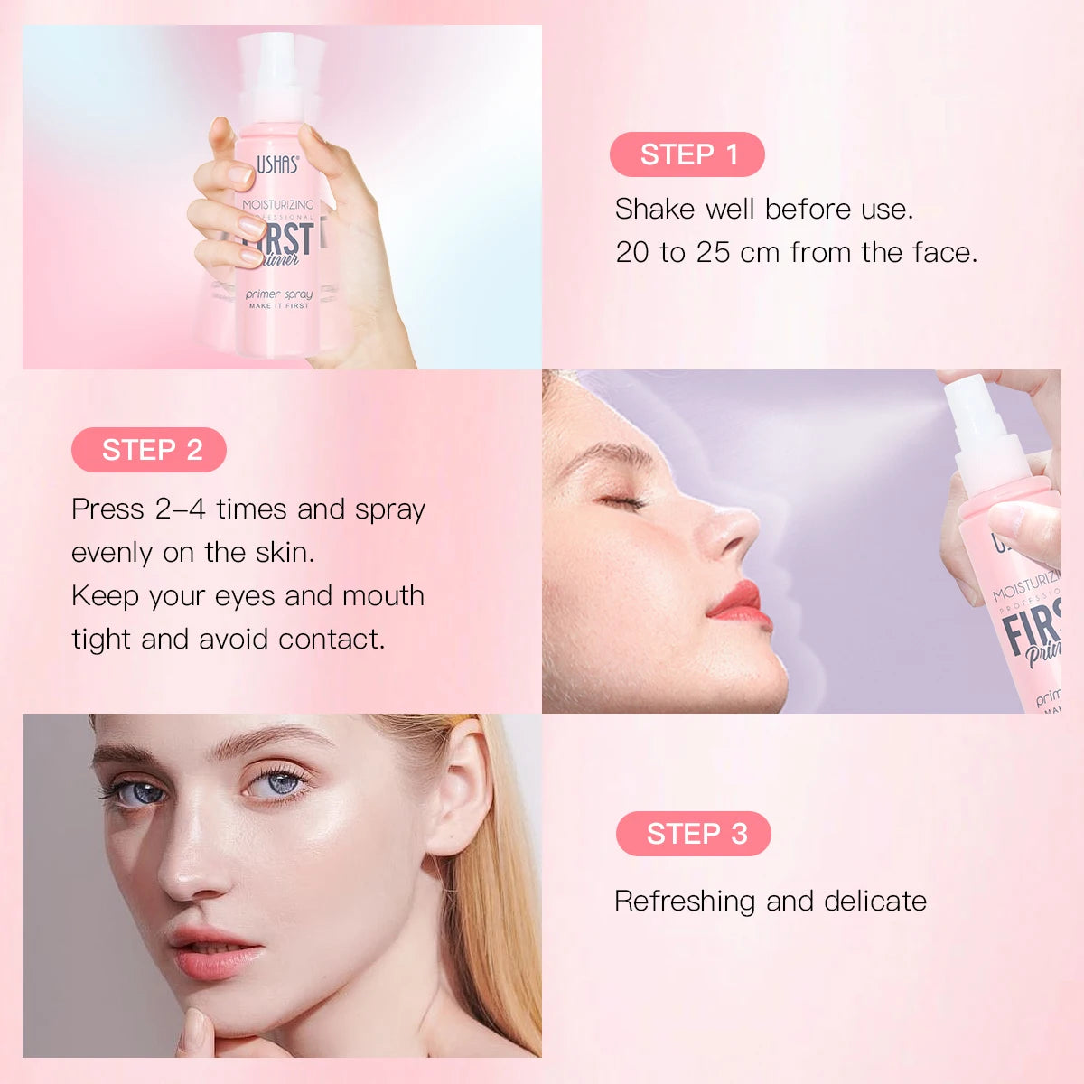 Ushas, Quick Setting Spray - Long-lasting, fade-resistant foundation sealant, moisturizing primer - Illuminates and controls oil