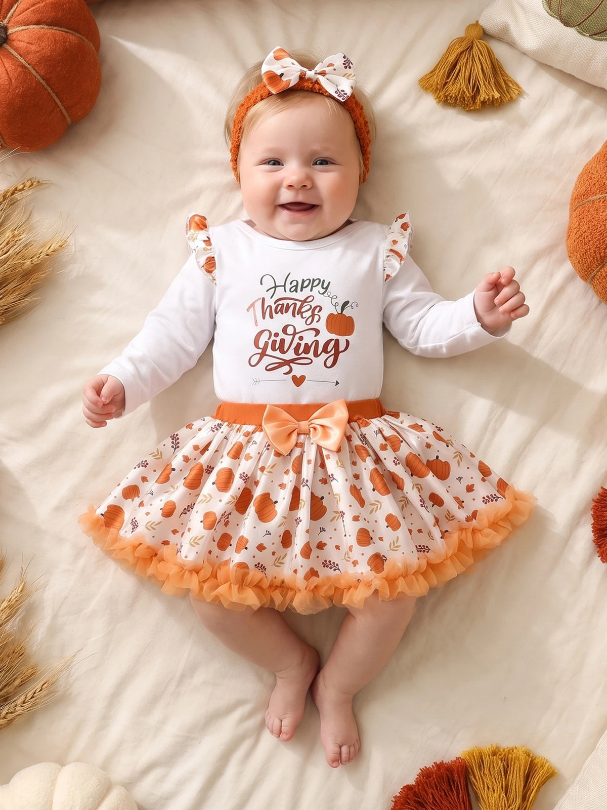 Toddler Girls Pumpkin Print Skirt And Long Sleeve Top Outfit