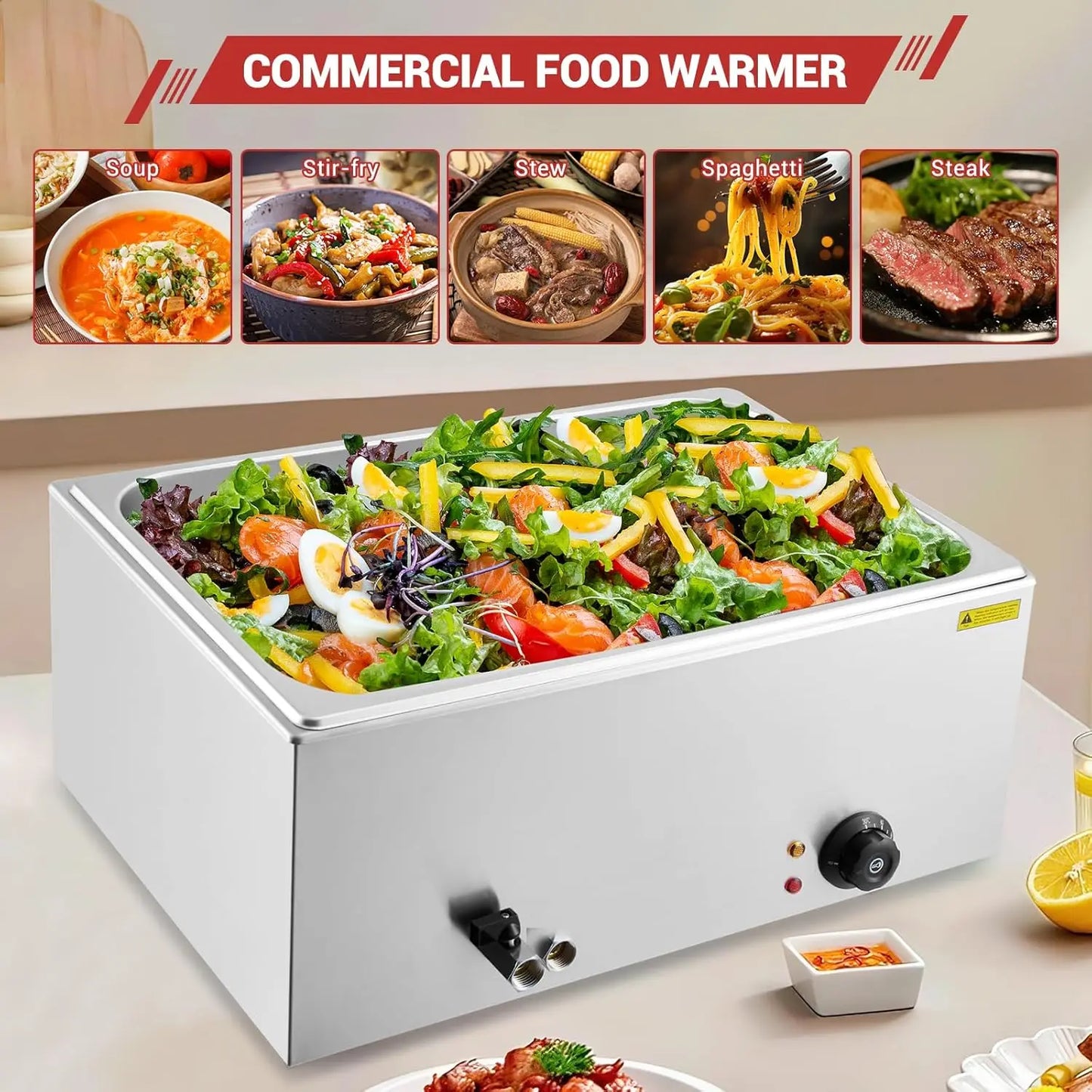 Commercial Food Warmer, Stainless Steel Buffet Bain Marie, 21QT Electric Steam Table with 86-176°F Temp Control Tap & Lid