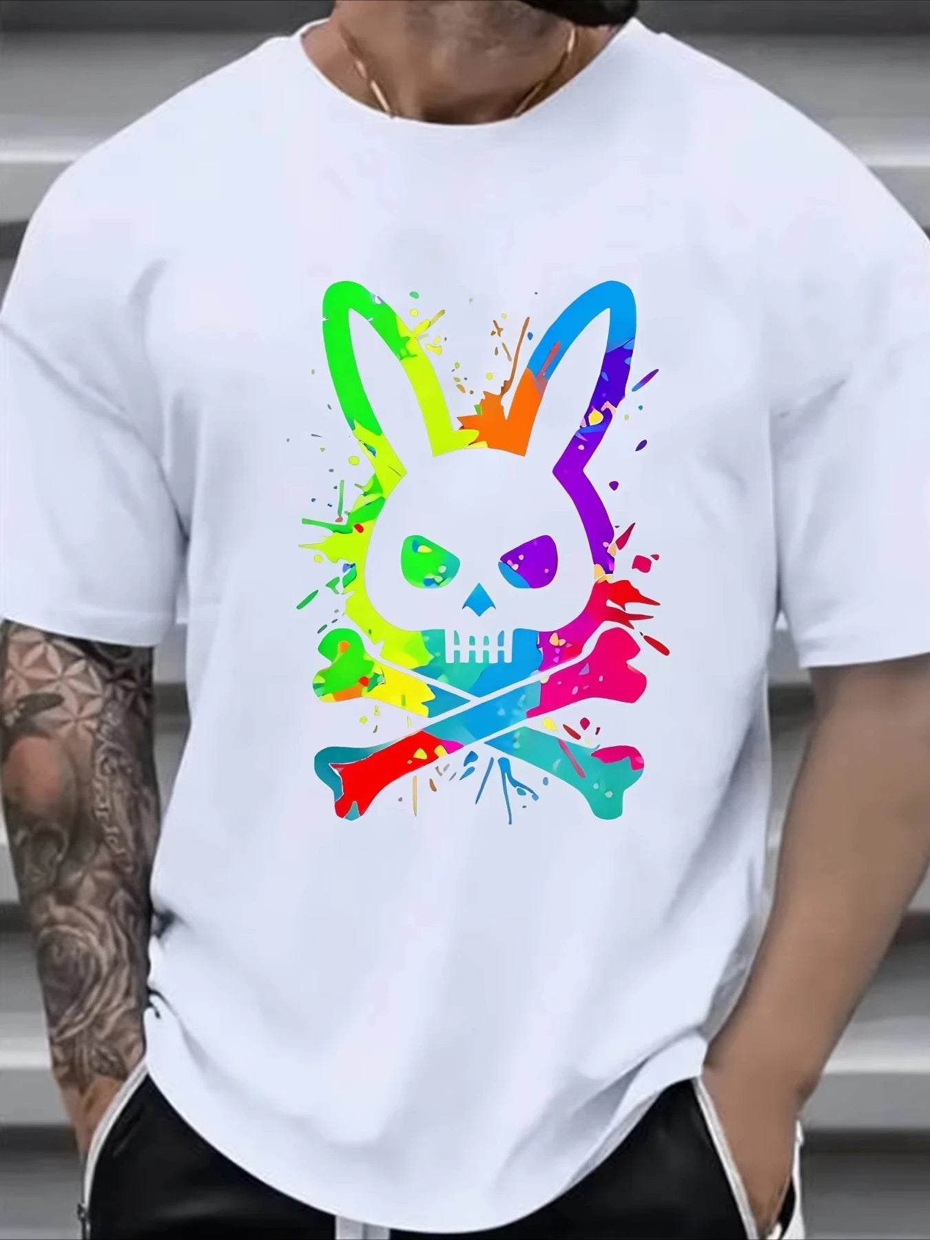 Men's Pure Cotton Skull and Rabbit Print Round Neck Tee