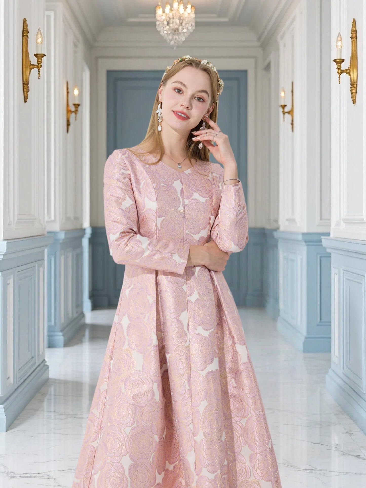 DEVCHATAB Floral Jacquard V Neck Semi Formal Jersey Dress
