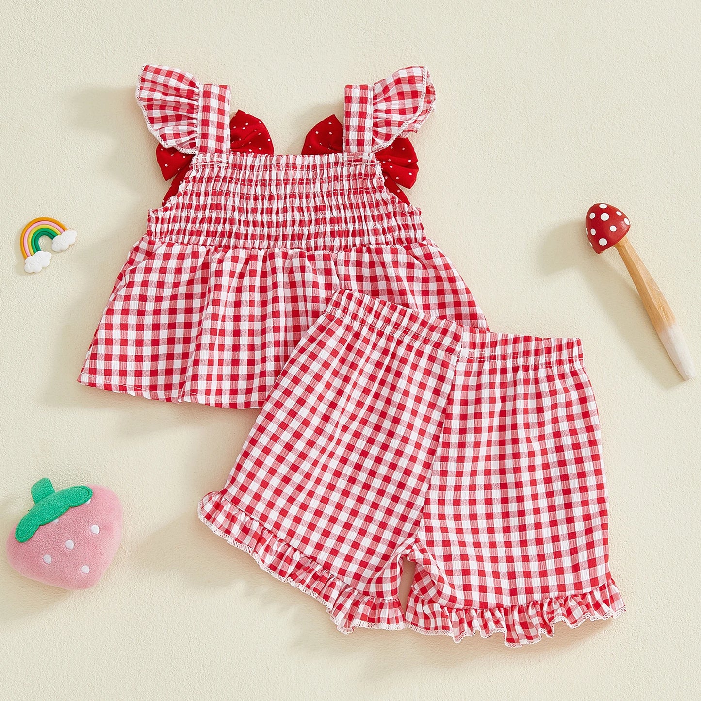 Summer Strawberry Embroidered Plaid Bow Trim Toddler Girl Outfit Set