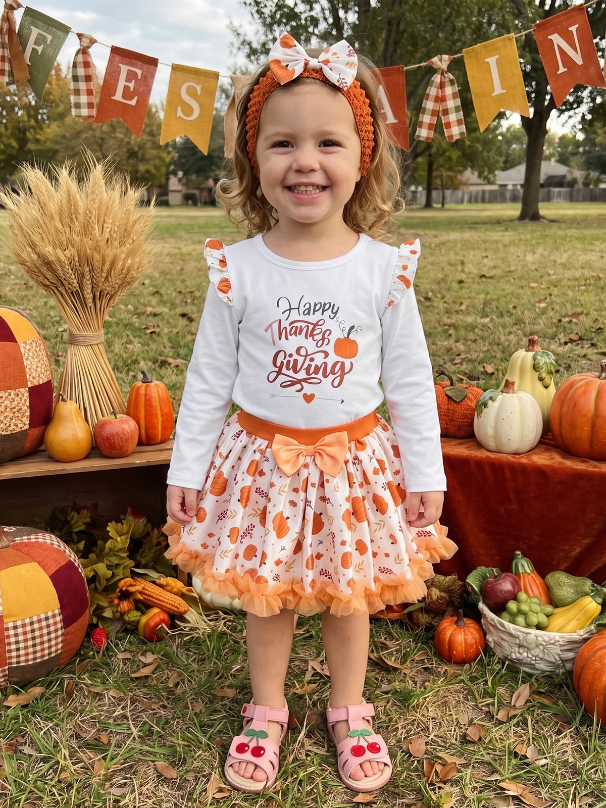 Toddler Girls Pumpkin Print Skirt And Long Sleeve Top Outfit