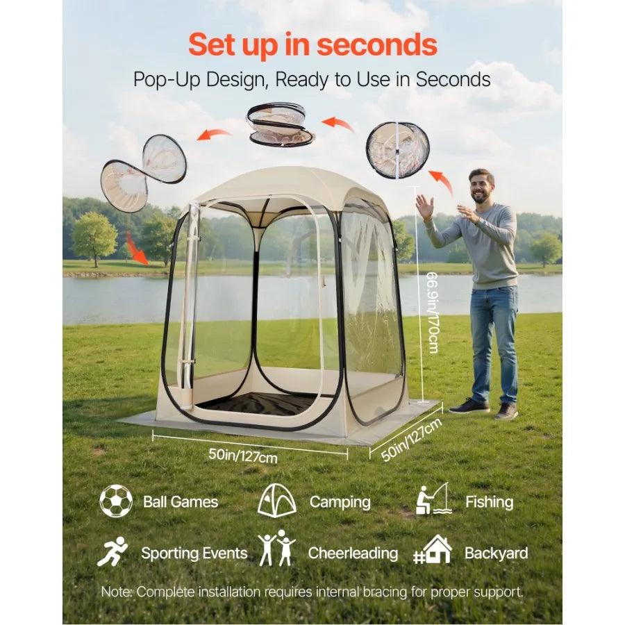 Pop-Up Sports Tent 50x50 in Clear Outdoor Shelter for One Person Waterproof Pod with Floor Mat Top Cover Garden Dome Tent for C