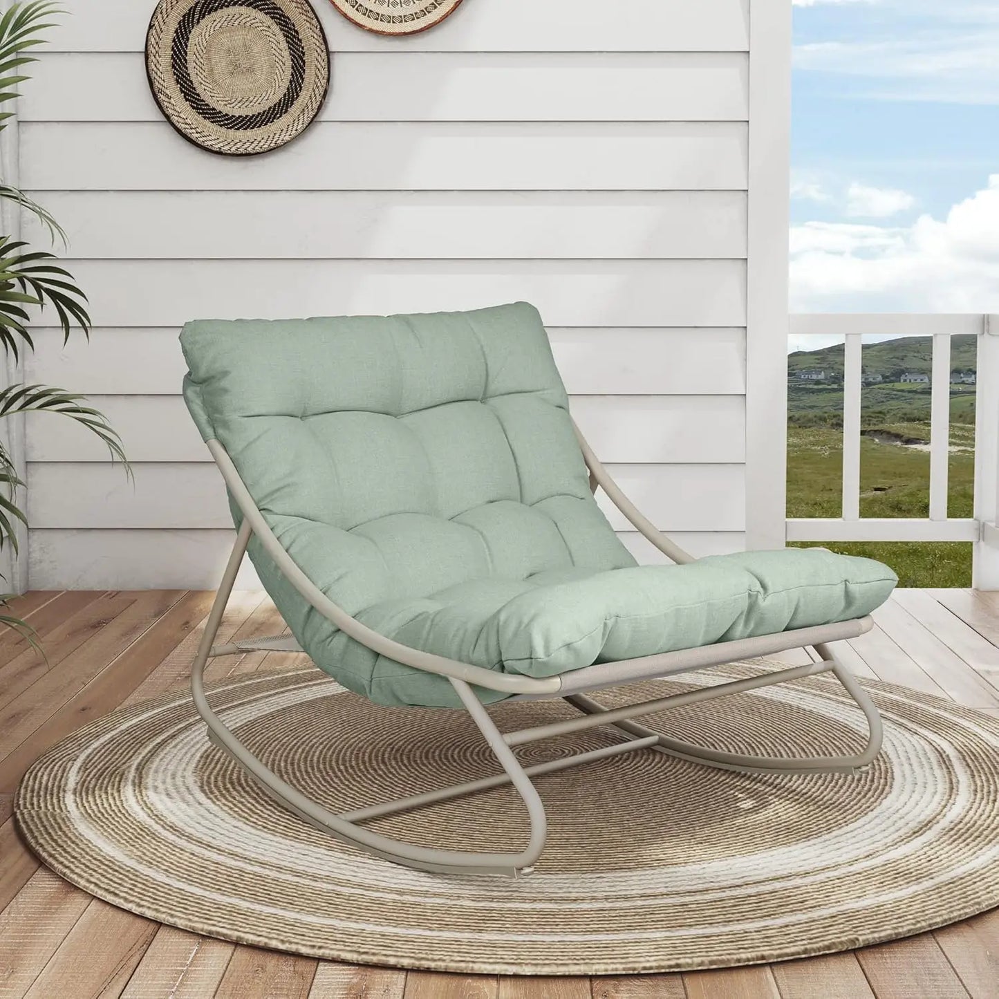 Metal Rocker Chair With Thick Cushion For Indoor Outdoor Patio