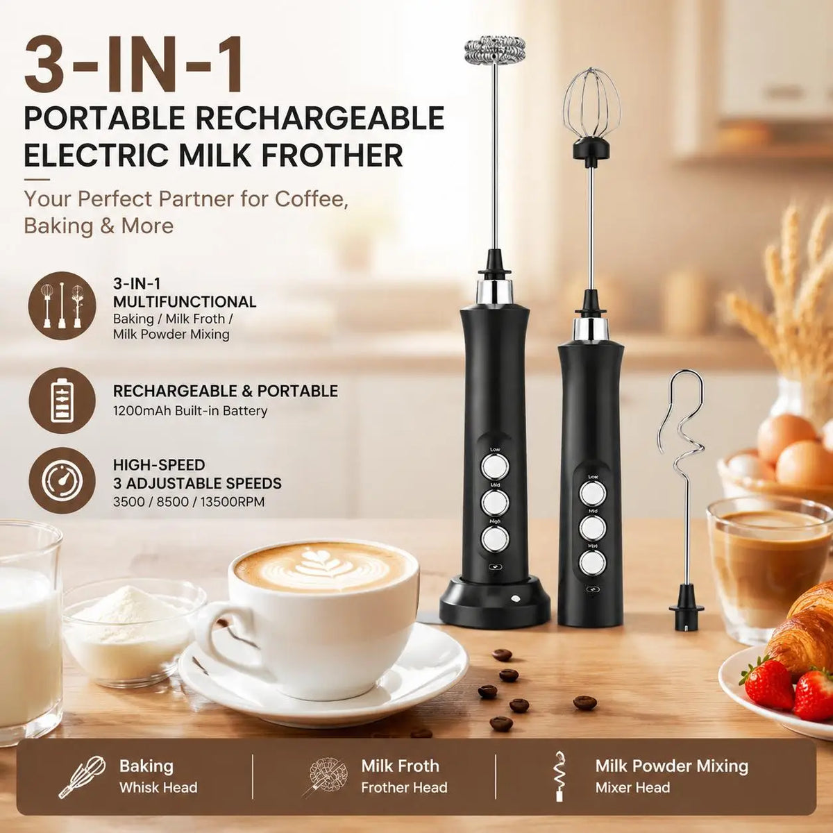 Stonego Rechargeable Milk Frother Handheld Coffee Foam Maker