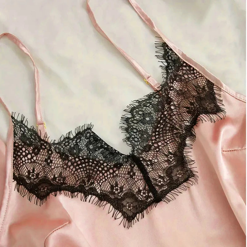 Women Satin Sleepwear Pajama Set With Lace Bath Robe