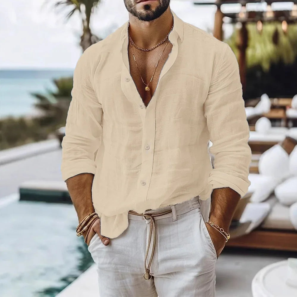 Cotton Linen Shirt for Men Single Breasted Breathable Lightweight