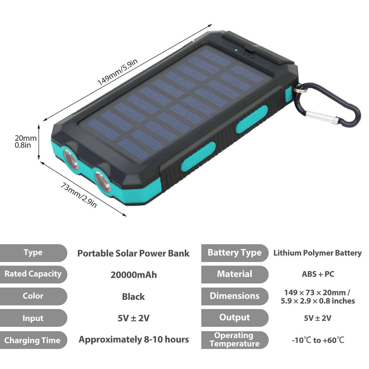 20000mAh Solar Charger Waterproof Portable Power Bank With Dual USB Ports LED Light For Outdoor Camping
