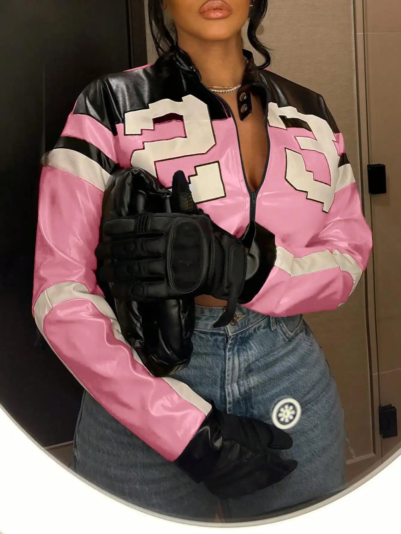 Clubwea Women's Faux Leather Bomber Jacket Zipper Edgy Motorcycle Style