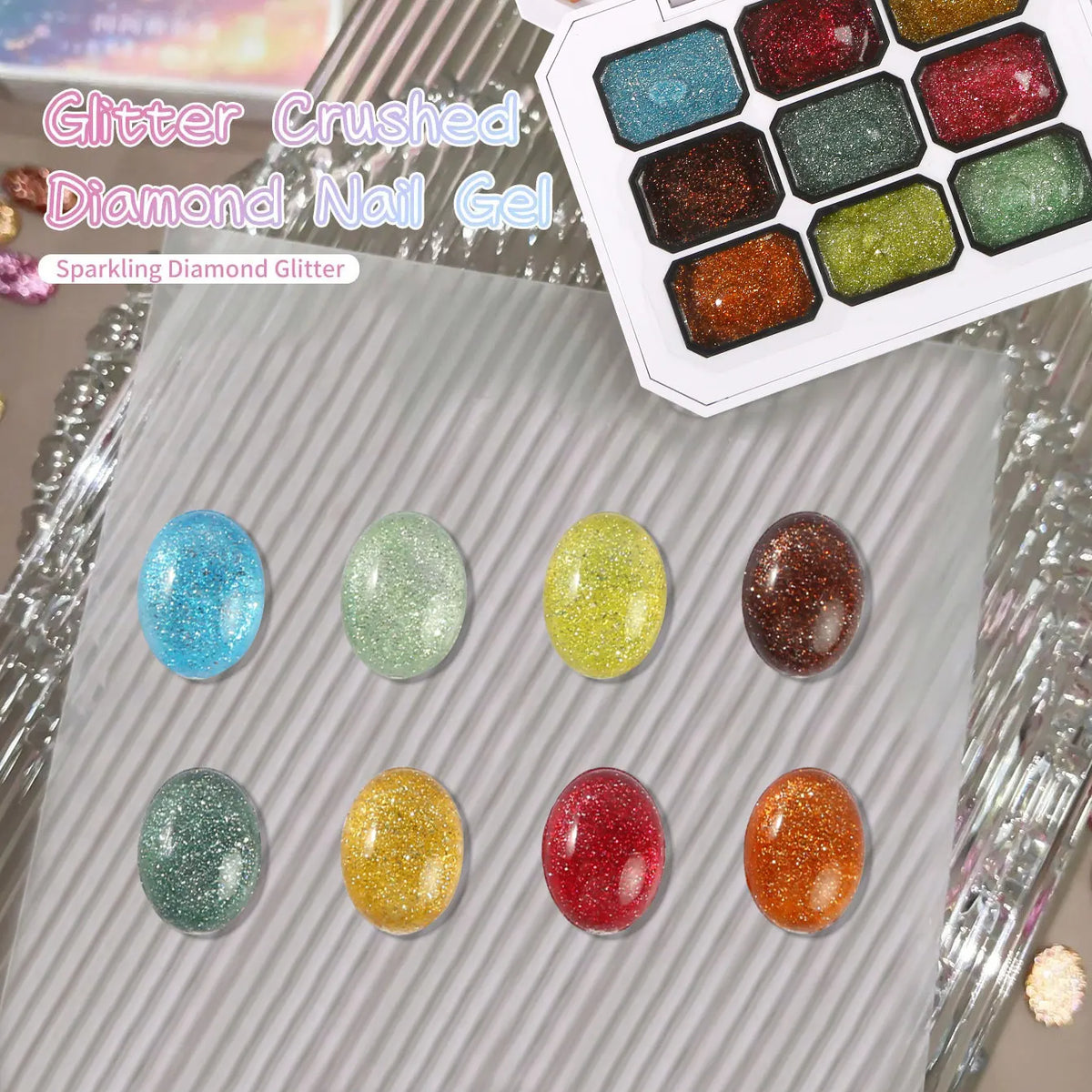 Ovanlee 9-Color Glitter Crushed Diamond Nail Gel – Sparkling Diced Diamond UV/LED Polish Set, 4-in-1 Translucent Shimmer Gel for Overlay, Painting & Solid Nails (8.6cm Starry Palette Box)