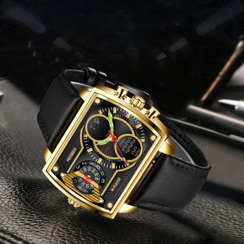 LIGE Digital Mens Square Military Waterproof Watch Leather