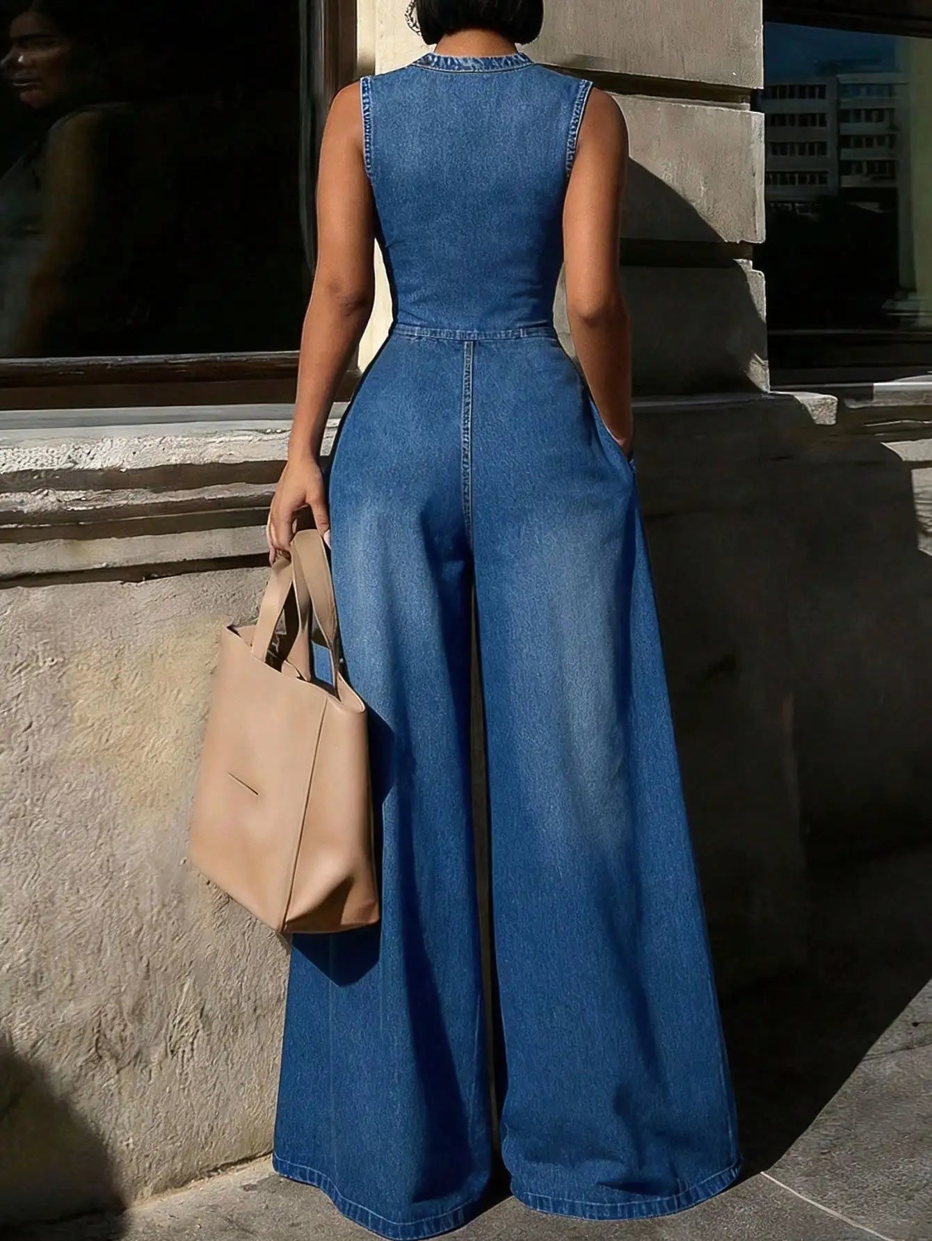 Women Sleeveless Denim Jumpsuit Stand Collar Front Zip Wide Leg With Side Pockets