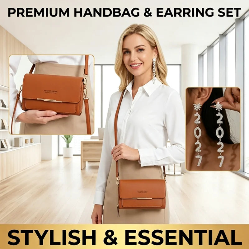 Womens Patent Leather Crossbody Bag with Rhinestone Drop Earrings Set