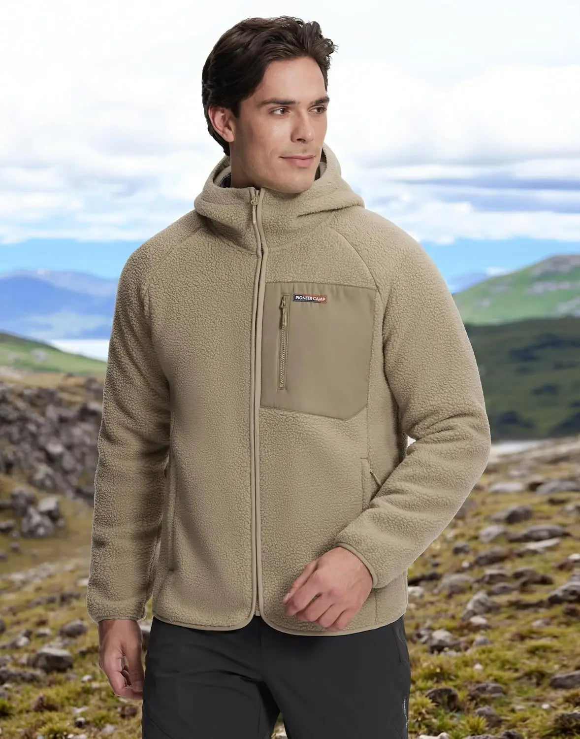Pioneer Camp Polar Fleece Warm Jacket Men's Winter Hood Chest Pocket Winter Warm Clothing Thick Outwear Coat Hiking Climbing