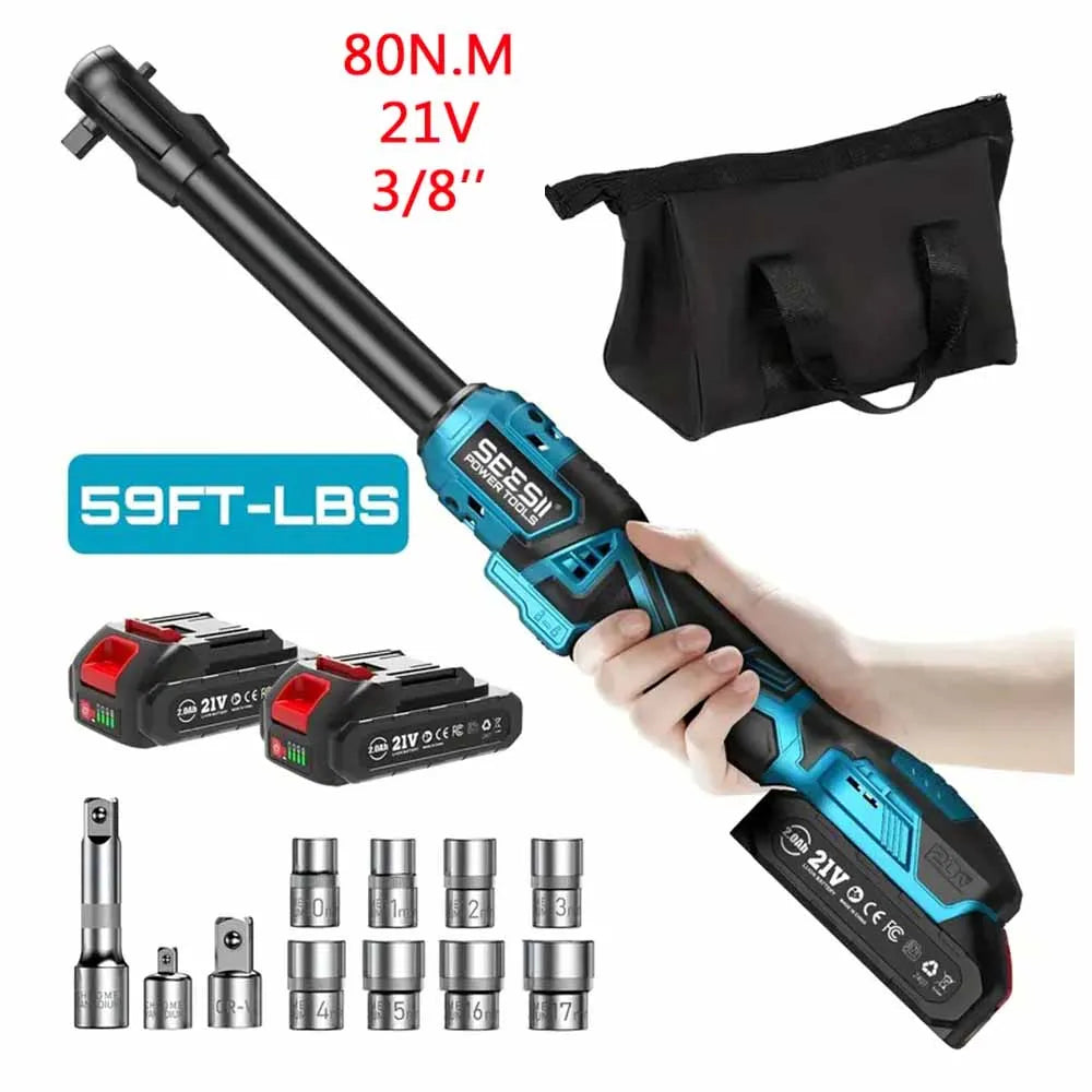 SEESII 3/8" 21V Cordless Electric Wrench 80Nm 6.3'' Extended Electric Ratchet Wrench Rechargeable Angle Wrench Car Repair Tools for Makita 18v Battery Pin