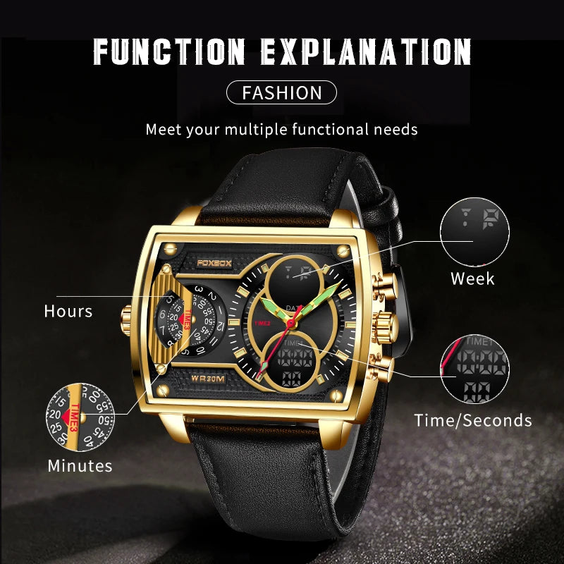 LIGE Digital Mens Square Military Waterproof Watch Leather