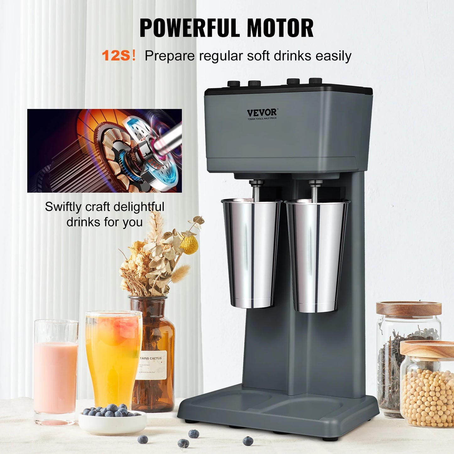 VEVOR Milkshake Maker 3-Speed Double-Head Stainless Steel Blender