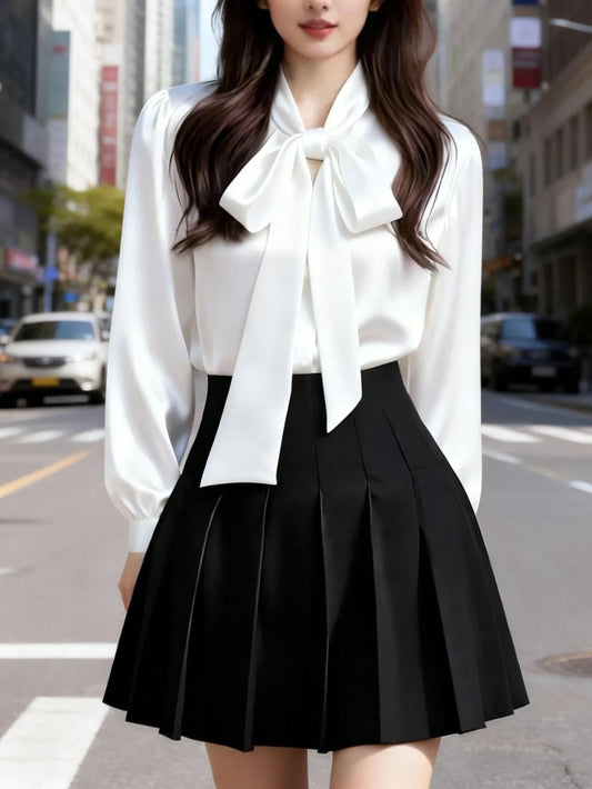 Satin Bow Collar Long Sleeve Blouse For Office Casual