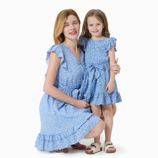 PATPAT Matching Mother Daughter Dot Print Ruffle Dress Set