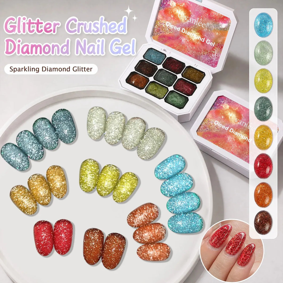 Ovanlee 9-Color Glitter Crushed Diamond Nail Gel – Sparkling Diced Diamond UV/LED Polish Set, 4-in-1 Translucent Shimmer Gel for Overlay, Painting & Solid Nails (8.6cm Starry Palette Box)