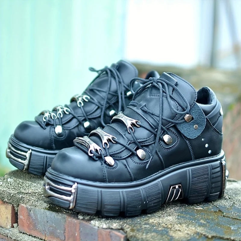 Women Thick Platform Sneakers With Metal Decoration Lace Up Punk