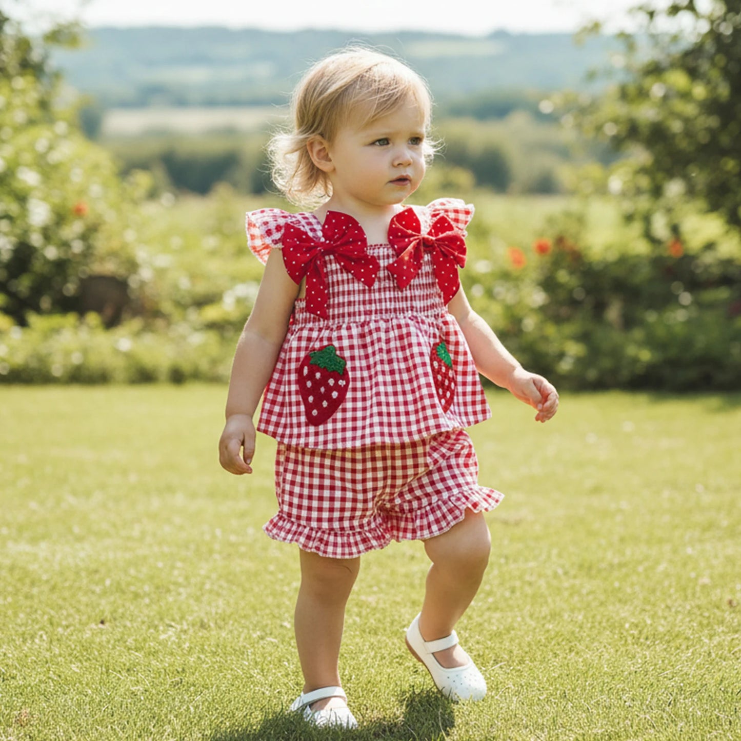 Summer Strawberry Embroidered Plaid Bow Trim Toddler Girl Outfit Set