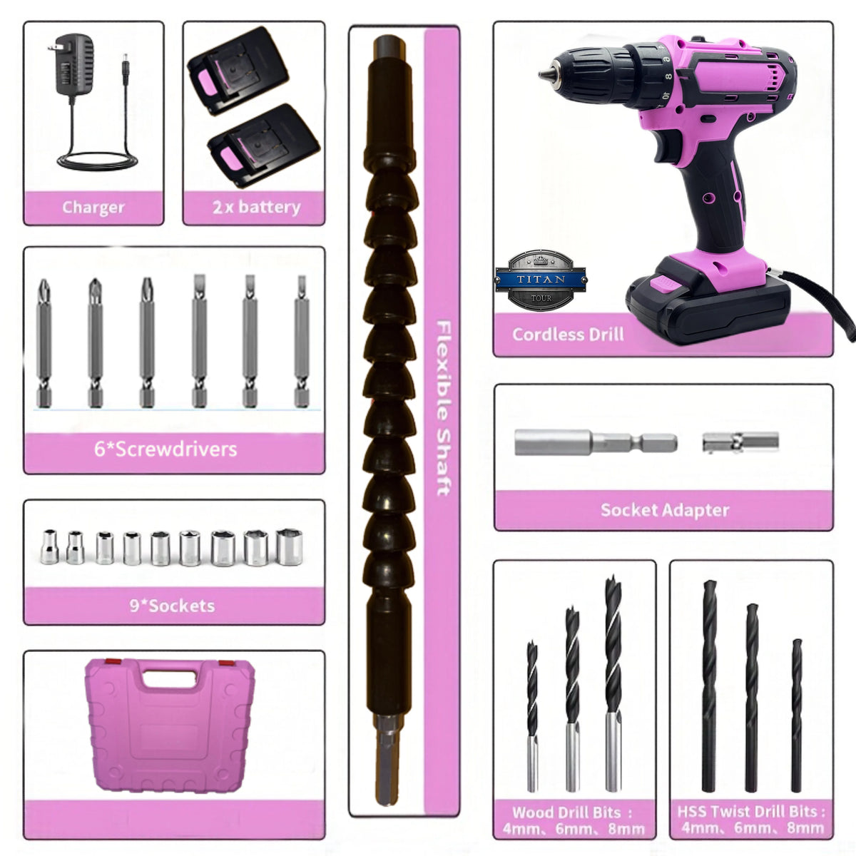 24-Piece Set Brushless Industrial Drill Kit 21V Dual Lithium (2×1200mAh) 18+1 Precision Torque 10mm Metal Lock Chuck for Steel S