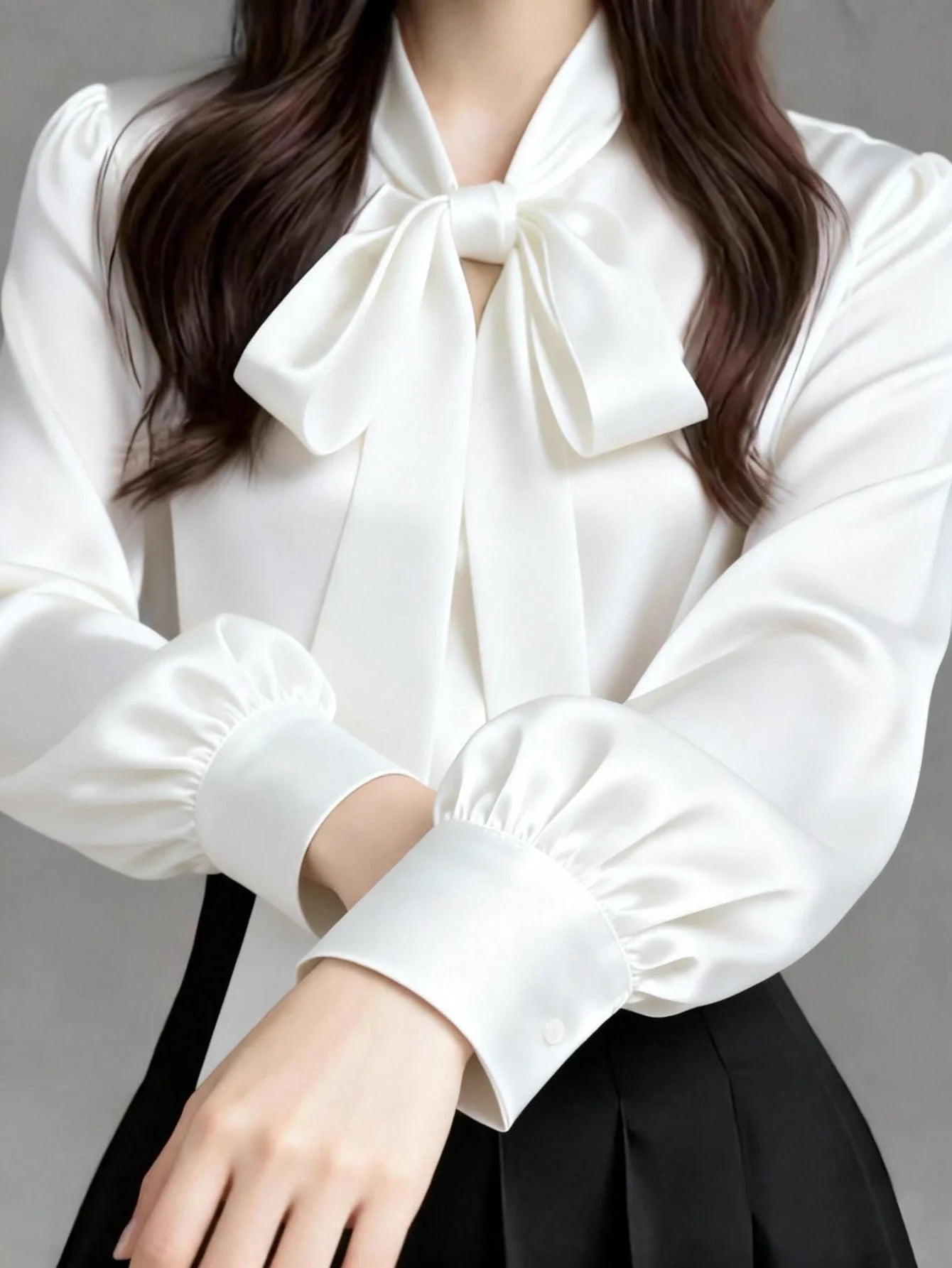 Satin Bow Collar Long Sleeve Blouse For Office Casual