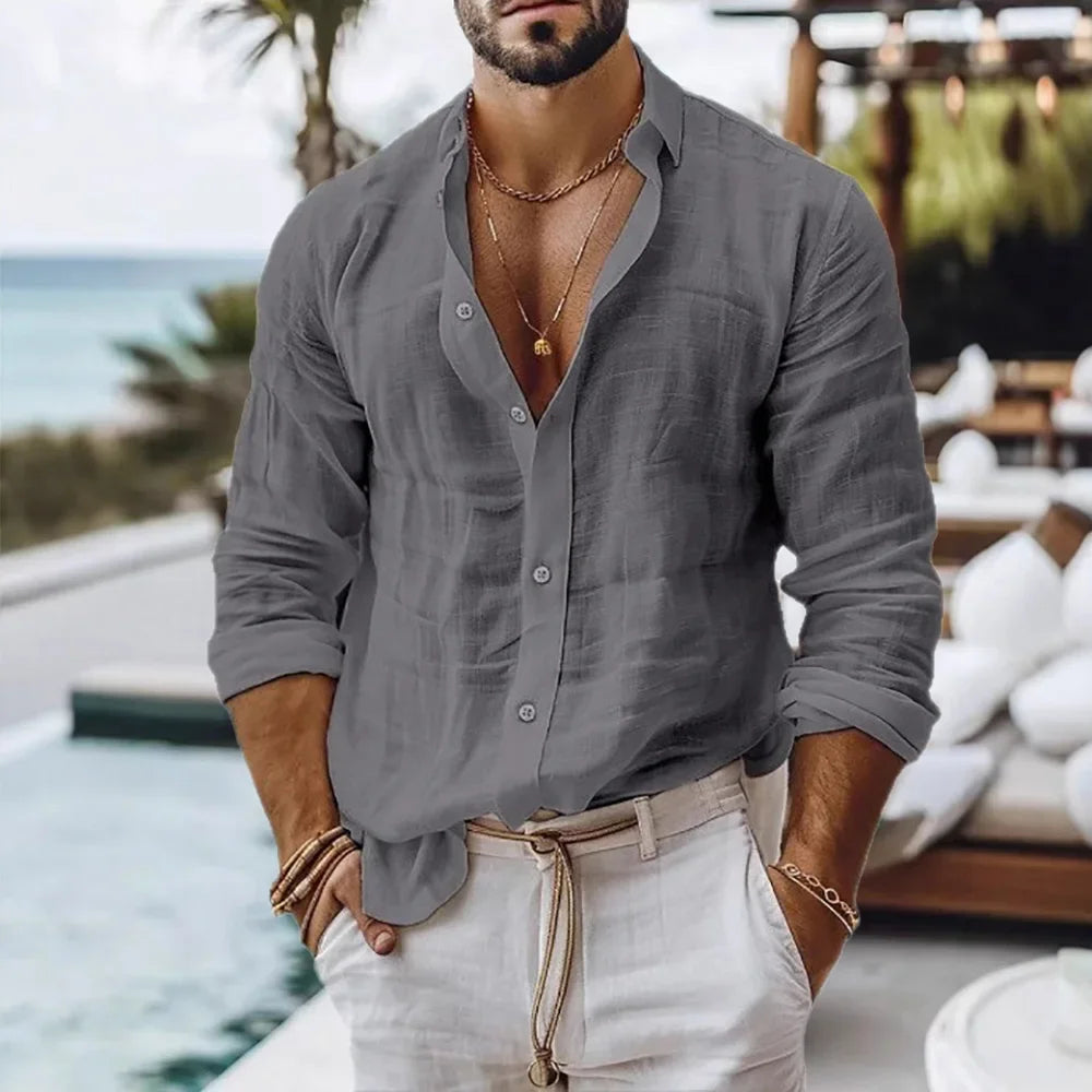 Cotton Linen Shirt for Men Single Breasted Breathable Lightweight