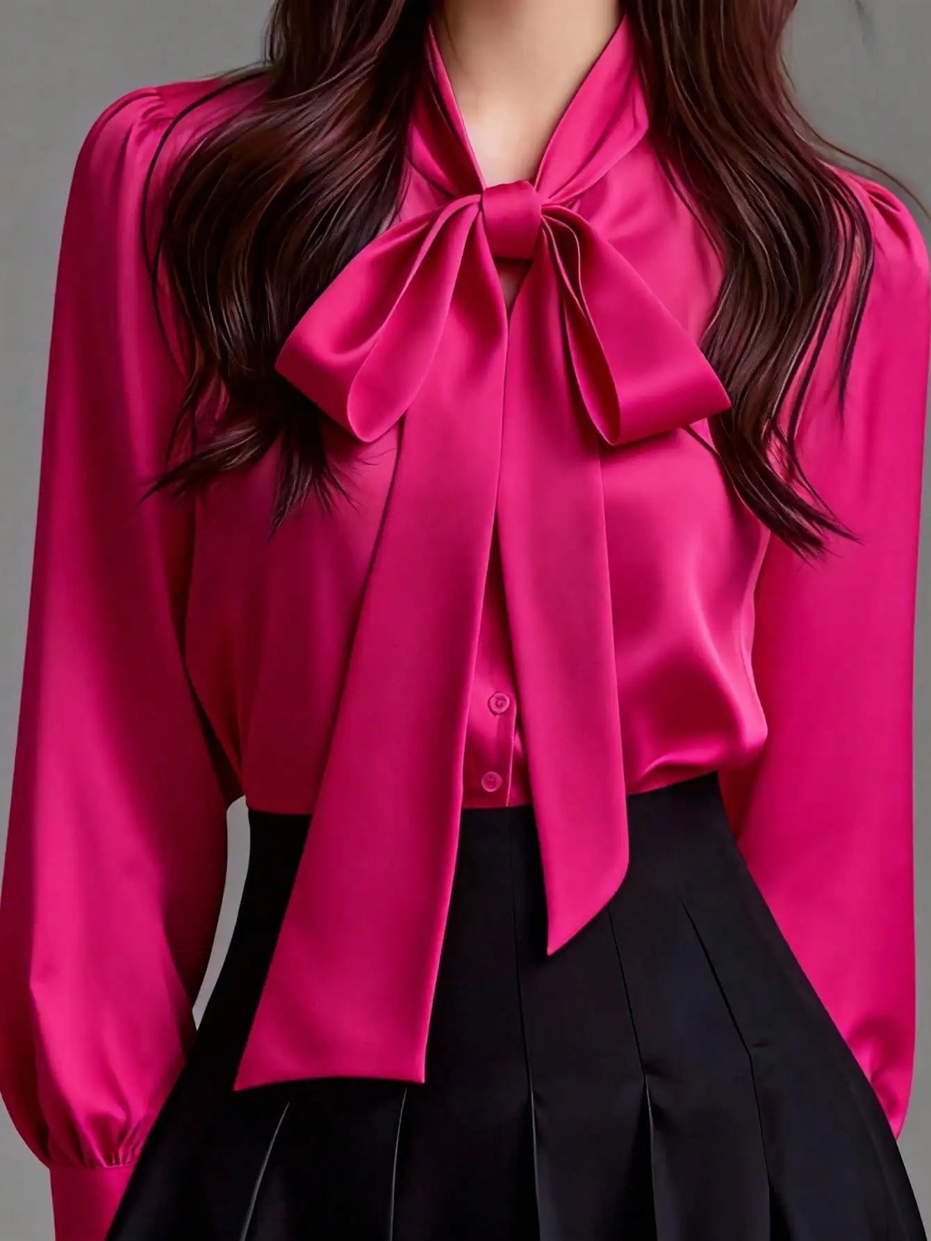 Satin Bow Collar Long Sleeve Blouse For Office Casual