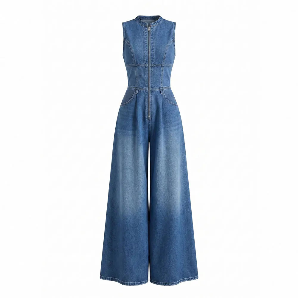 Women Sleeveless Denim Jumpsuit Stand Collar Front Zip Wide Leg With Side Pockets