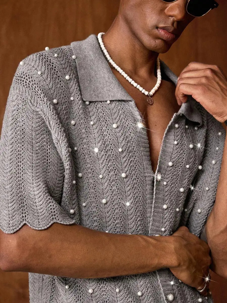 Mens Knit Pearl Decor Batik Shirt Casual Short Sleeve