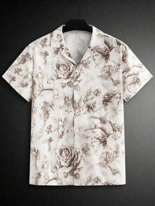 Men's Woven Casual Shirt With Leaf Pattern For Summer